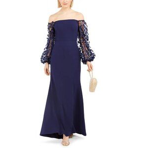 Eliza J | Off-the-Shoulder 3D Floral Sleeve Scuba Crepe Evening Dress